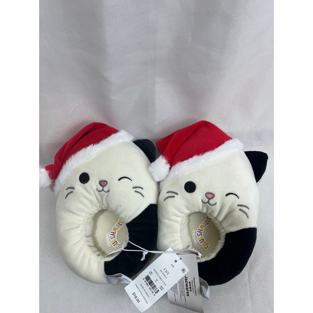 Squishmallows Santa Hat Cat Kids Slippers Off-White Christmas Size 13/1 NEW